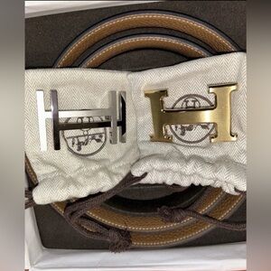 🆕Auth HERMÈS Black Brown Reversible Leather Belt w/Gold & Silver H Buckles 95 IT